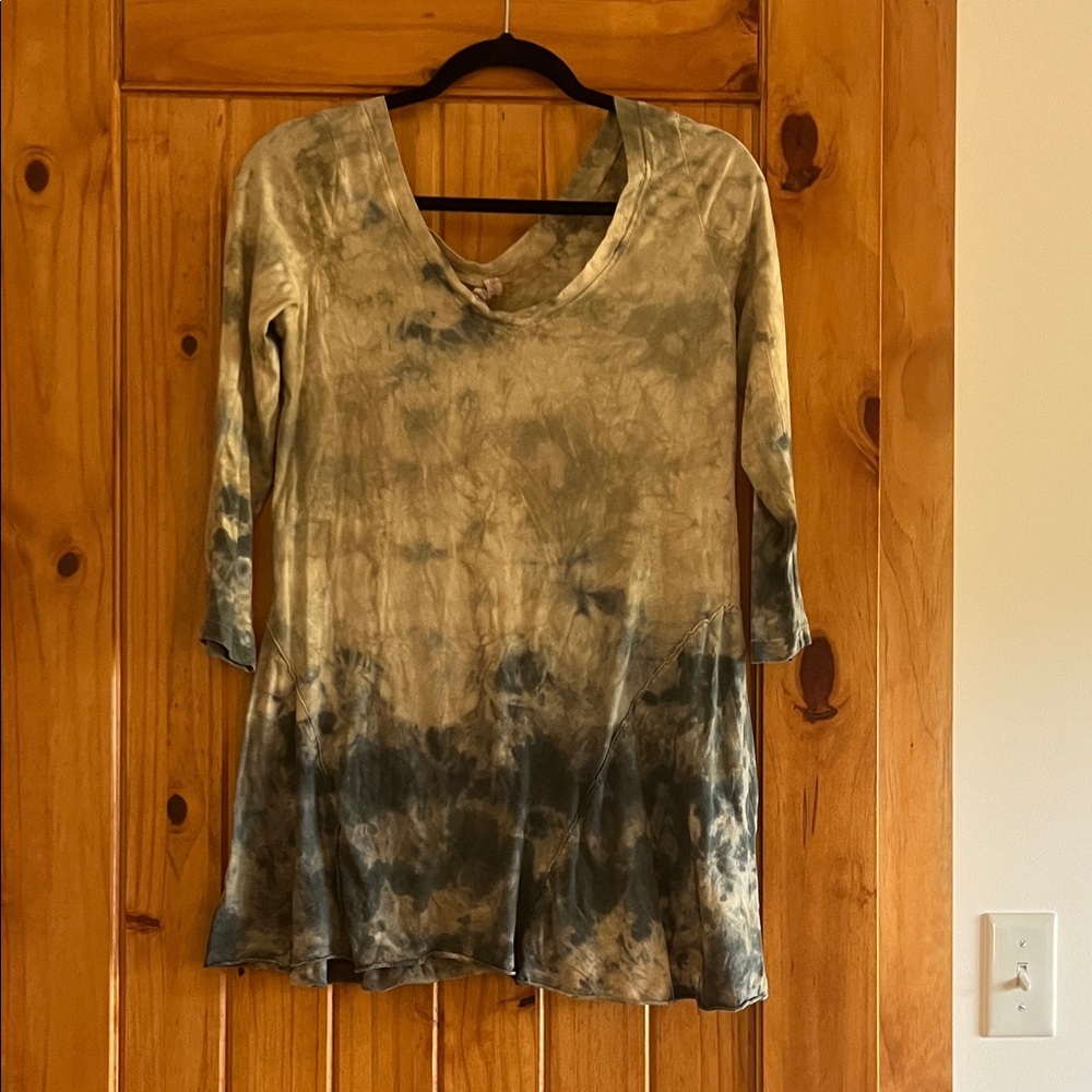 Pink Lotus Olive & Charcoal Tie-Dye V-Neck Tunic